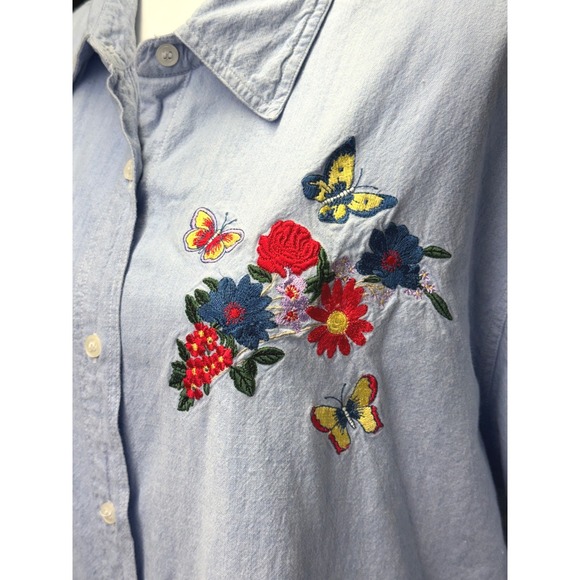 Vintage Embroidered Denim Button Up Shirt Floral Butterfly Cottagecore XL - Picture 5 of 8